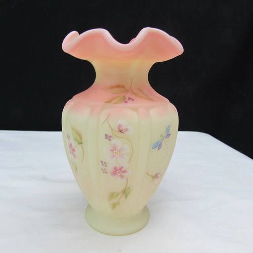 Fenton Burmese Arabella Hand Painted Vase Special Order LE 2002 GLOWS!!! W19