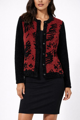 Vintage Bala Bala Crinkle Button Down Black Red Cardigan Sweater Size Small