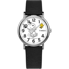 Montre TIMEX WEEKENDER PEANUTS TW2Y31000 Cuir Noir Blanc NEUF Unisex Snoopy