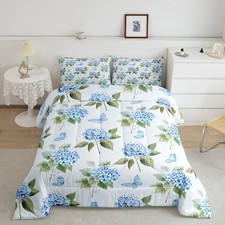 Blue Hydrangea Queen Comforter Set Chic Flower Bedding Set, Cute Butterfly Be...