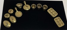 Vtg Lot of Brass Dollhouse Miniatures Pot Pan Saucer Muffin Pans Odd Lids More