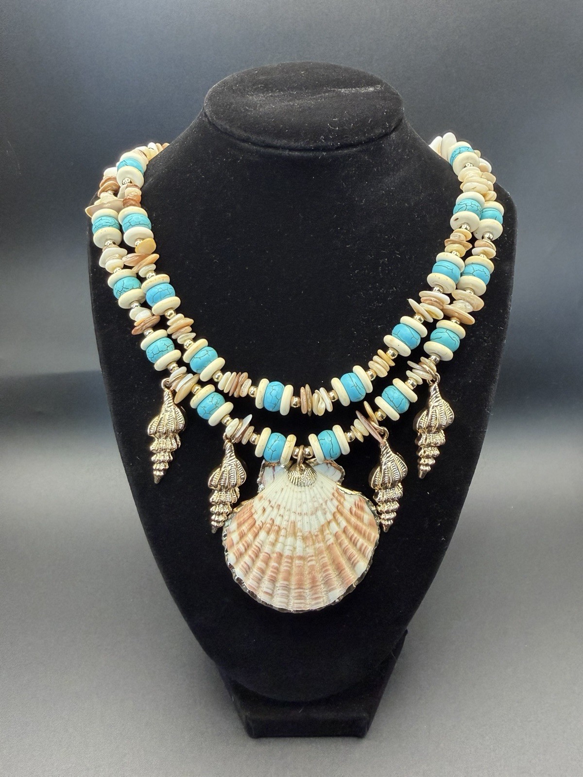 Gardenia Shell & Turquoise Beaded Statement Necklace Seashell Charm Coastal Boho