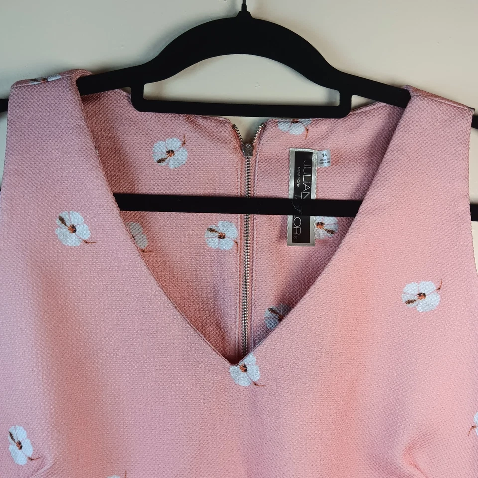 JULIAN TAYLOR румяна розовый ФЛАМИНГО Fit & Flare платье цветочный v-образным вырезом размер 14 ретро  - Изображение 4 из 4