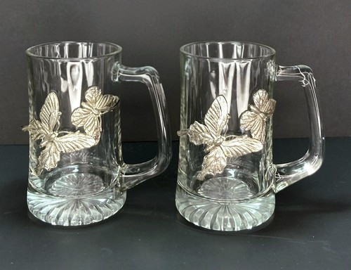 Arthur Court 2 Beer Steins applied Pewter Butterflies Heavy Glass Handled H 5.5”