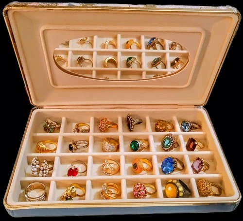 Vintage Costume Jewelry Ring Lot of 24 Gold Tone Some Signed In Jewelry Box Lot