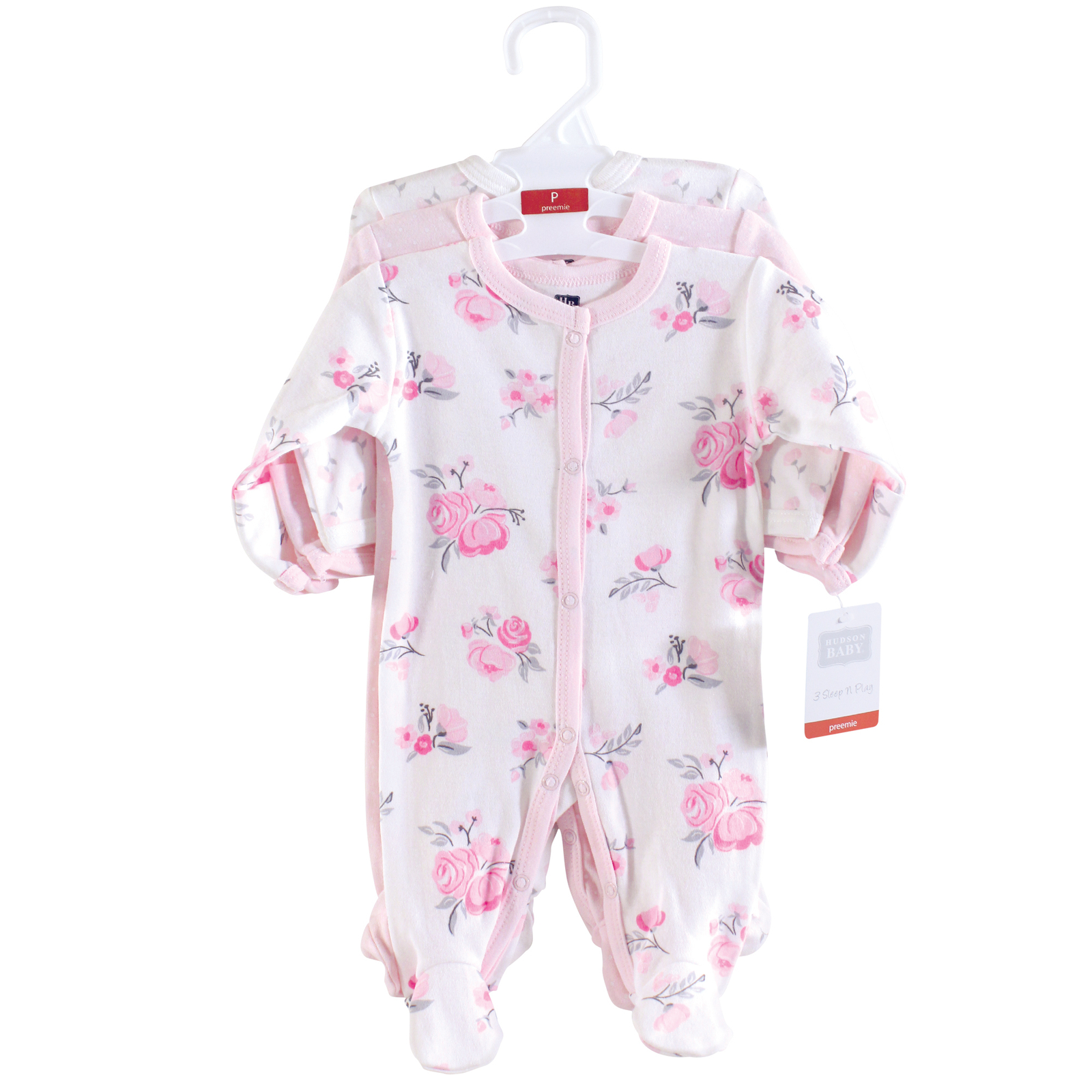 Hudson Baby Cotton Preemie Snap Sleep and Play 3pk, Basic Pink Floral, Preemie