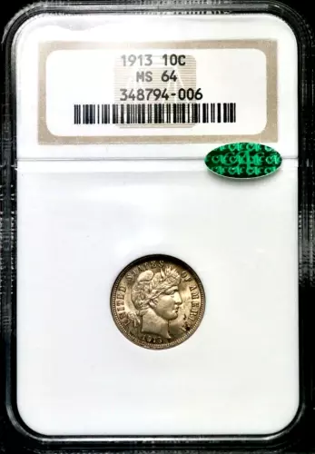 1913 10C Barber Silver Dime - NGC MS64 - CAC-Certified Old Holder CC532