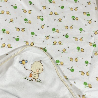 Vintage Absorba White Baby Blanket Chicks & Trees Bumblebees Yellow Trim M1
