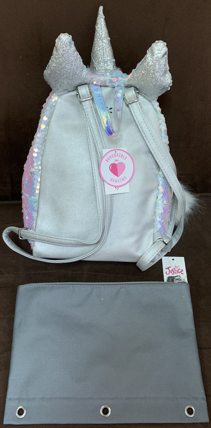 JUSTICE MINI BACKPACK & PENCIL CASE SHIMMERING IRIDESCENT SEQUINS UNICORN CUTE!!