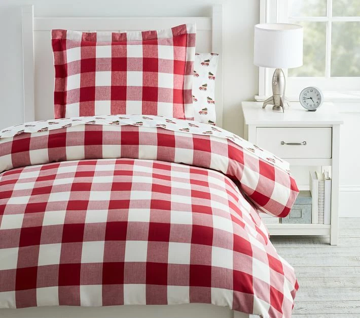 NOVA Capa de Edredom Twin Pottery Barn Kids Flanela Xadrez Búfalo, Vermelha, Natal - Imagem 2 de 3
