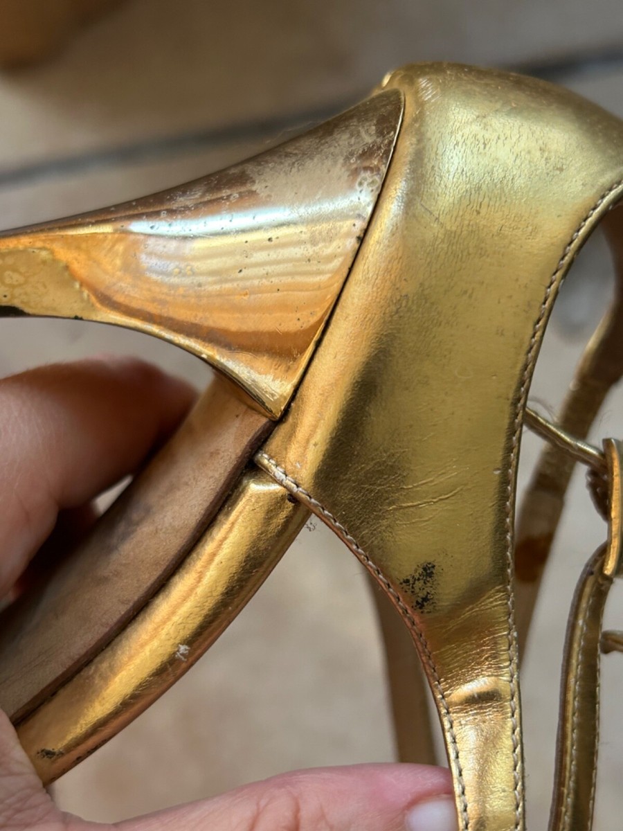 JIMMY CHOO ELMEFLATMNABALLETPINK 関税送料込 Jimmy Choo $985 Lang Gold Patent Leather Metallic Strappy