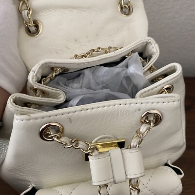 White Mini Quilted Chain Drawstring Backpack w/ Adjustable  display picture 1
