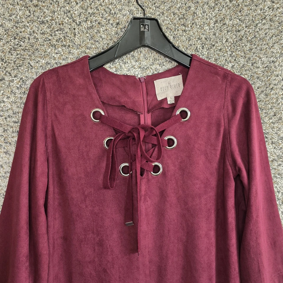 Moon River Anthropologie Dress Womens XS Velour Burgundy Lace Up Boho Ladies - Image 4 of 4