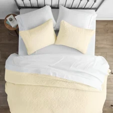 Damask Yellow Microfiber Twin Performance Quilted Coverlet Set