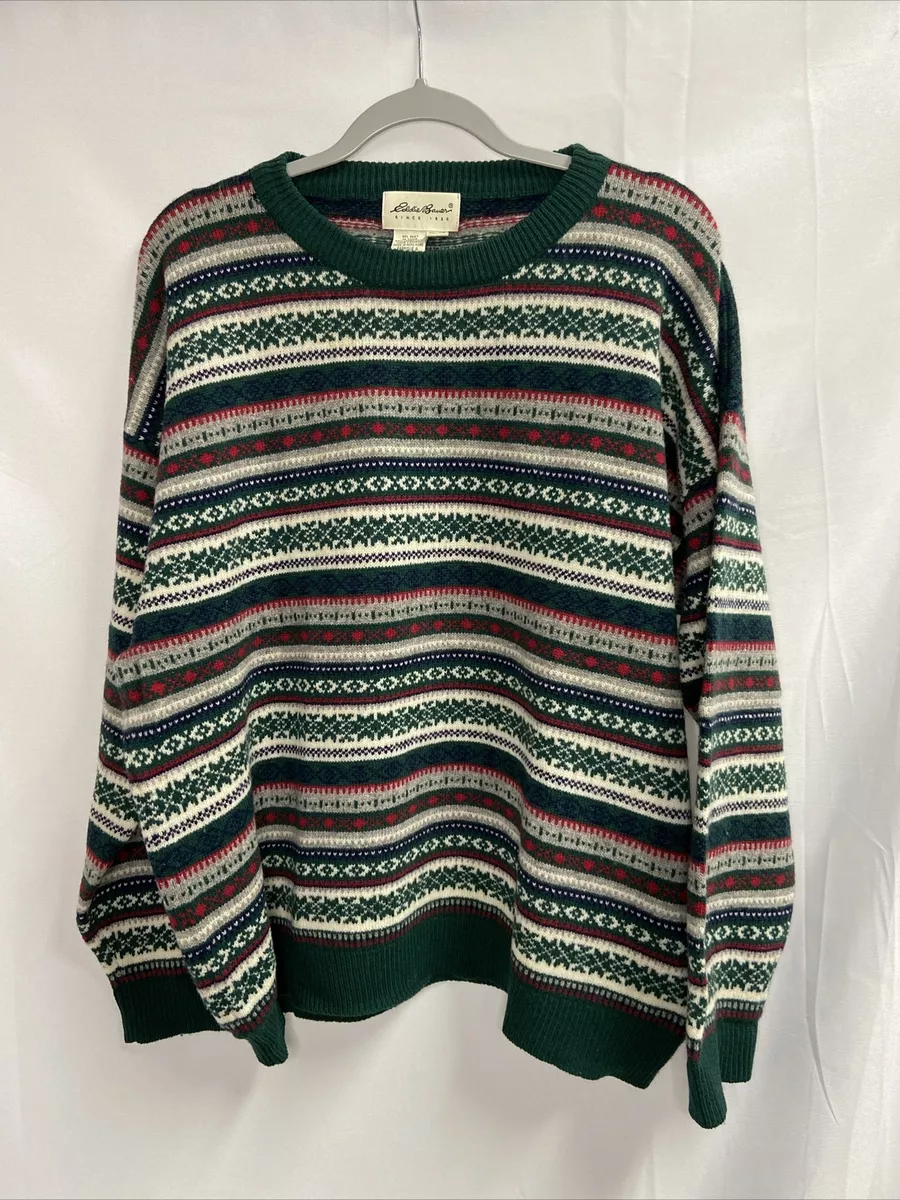 Vintage Eddie Bauer 100 Wool Fair Isle Sweater Green Holiday 90s