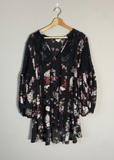 POL Women's Size Medium Floral Lace Details Boho Balloon Sleeve Black Mini Dress