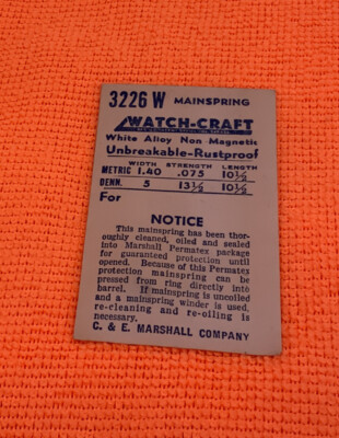 Watch-craft 3226W (5 X 13.5 X 10.5) Mainspring. Part # 5135H. New Old Stock
