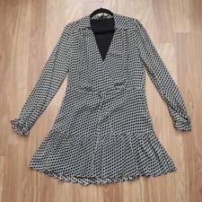 Paige Dress Women's XS Black 100% Silk Cream Lizabeta Houndstooth Lightweight