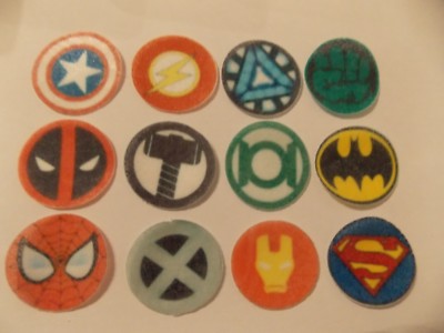 24 small PRECUT edible wafer/rice paper superhero discs cake/cupcake ...