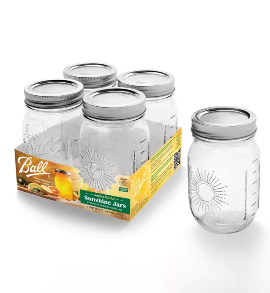 New Ball Sunshine Regular Mouth 16-oz. Pint Canning Mason Jar and Lid, 4 pck