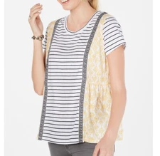 Style & Co Womens L Yellow Harmony Mixed Design Intricate Trim T Shirt Top NWT