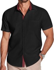 Men's Casual Dress Shirts Short Sleeve Button Down Stretch Shirts Black,M