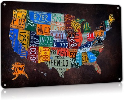 Vintage Plaque Poster Garage Bar Home Wall Decor, USA Map Route 66 License Plate