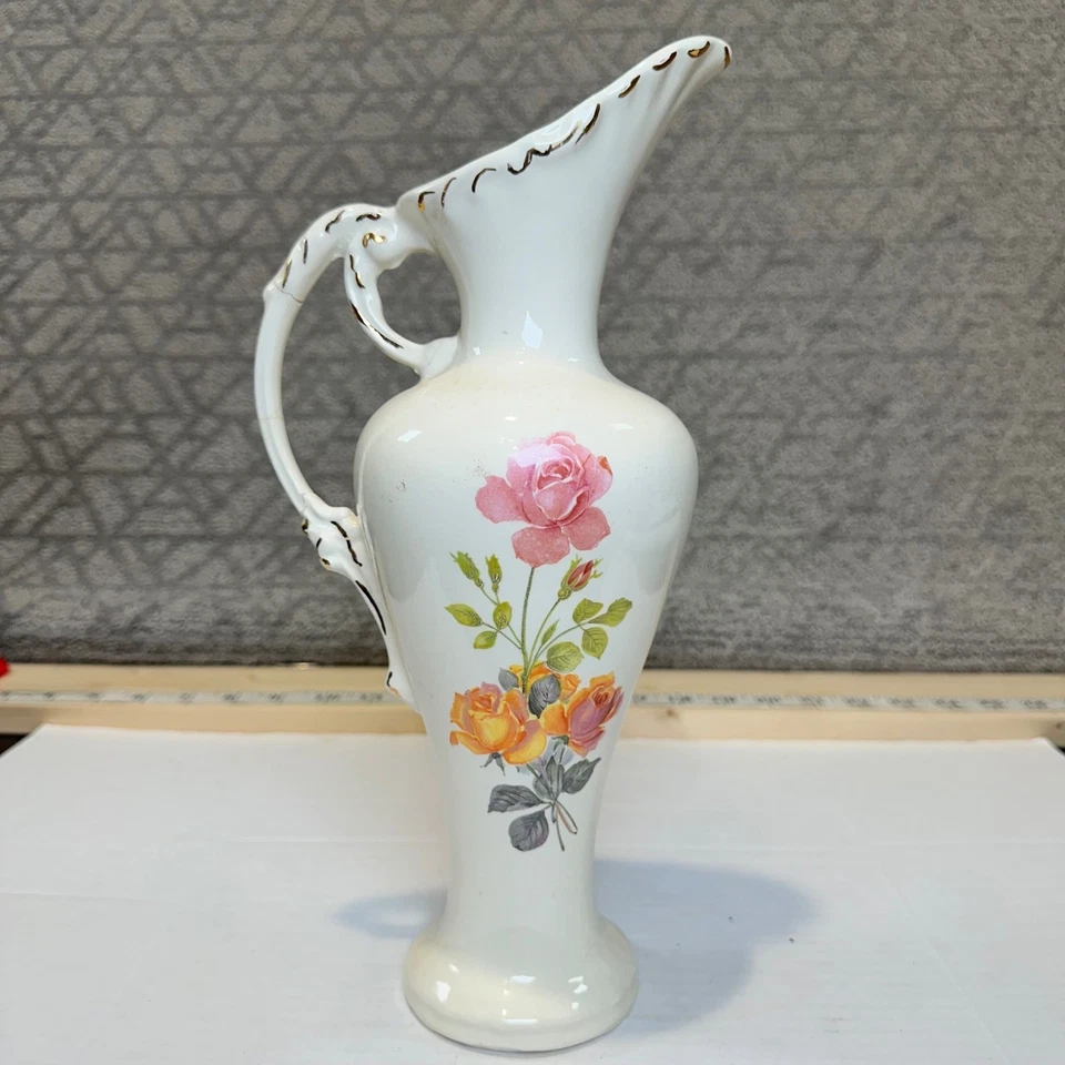 Jarrón vintage de porcelana crema floral rosas borde dorado mango decoración del hogar Foto 2 de 4