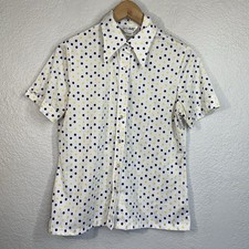 VTG 70s Eccobay Shirt Made in USA White Polka Dot Button Dagger Collar Women M