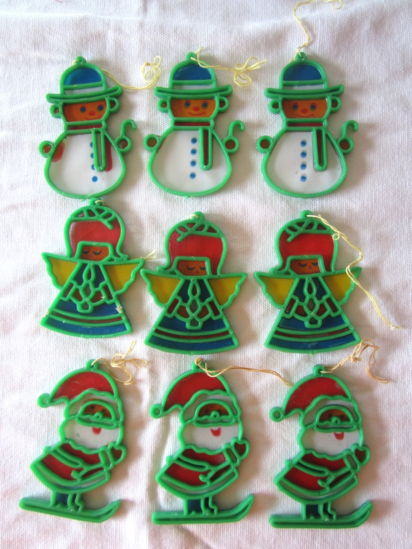 VTG Lot 9 Suncatcher Ornaments Flat Plastic Stain Glass Look Santa Angel Snowman