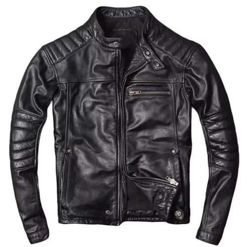 Men’s Genuine Sheep skin Leather Jacket Cafe Racer Motorcycle Biker Black Jacket