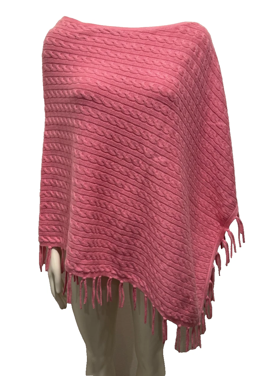 NWT Real Clothes Silk Cashmere Pink Poncho Shawl Cape Cable Knit OS Fringe