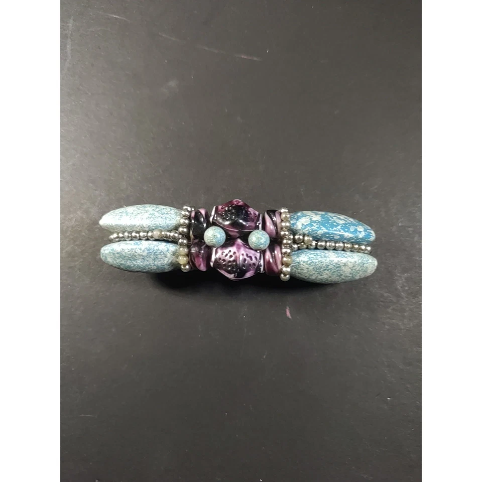 Hair Barrette Hand Made Blue Purple Stone? Silver Beading Tension Clip - Image 3 of 4