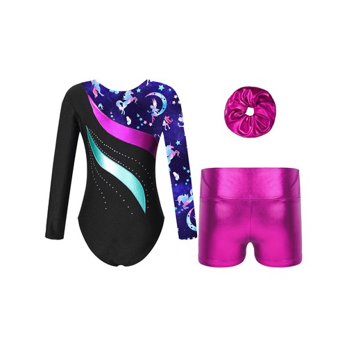 Kids Girls Dance Gymnastics Leotard Long Sleeve with Shorts Hair Scrunchies Set - Imagen 14 de 51