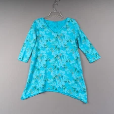 Fresh Produce Top Womens S Blue Floral Tunic Asymmetrical Hem Short Sleeve USA