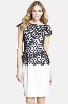 Adrianna Papell Black Lace Peplum Overlay Short Cap Sleeve White Dress Size  2 | eBay