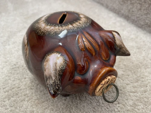 Vintage 1957 Corky Pig Brown Ceramic Piggy Bank Hull Pottery USA with Cork Nose