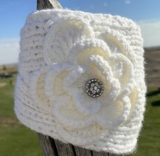 New Knit headband Ear warmer , adjustable 2 buttons ,Big Crochet Flower White