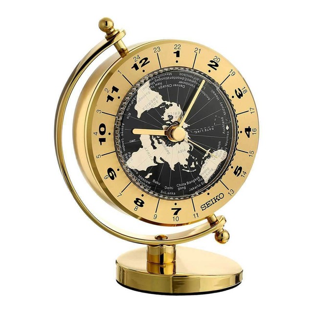 Seiko World Time Table Clock Brass Case with Gimbaled Design QHG106GLH