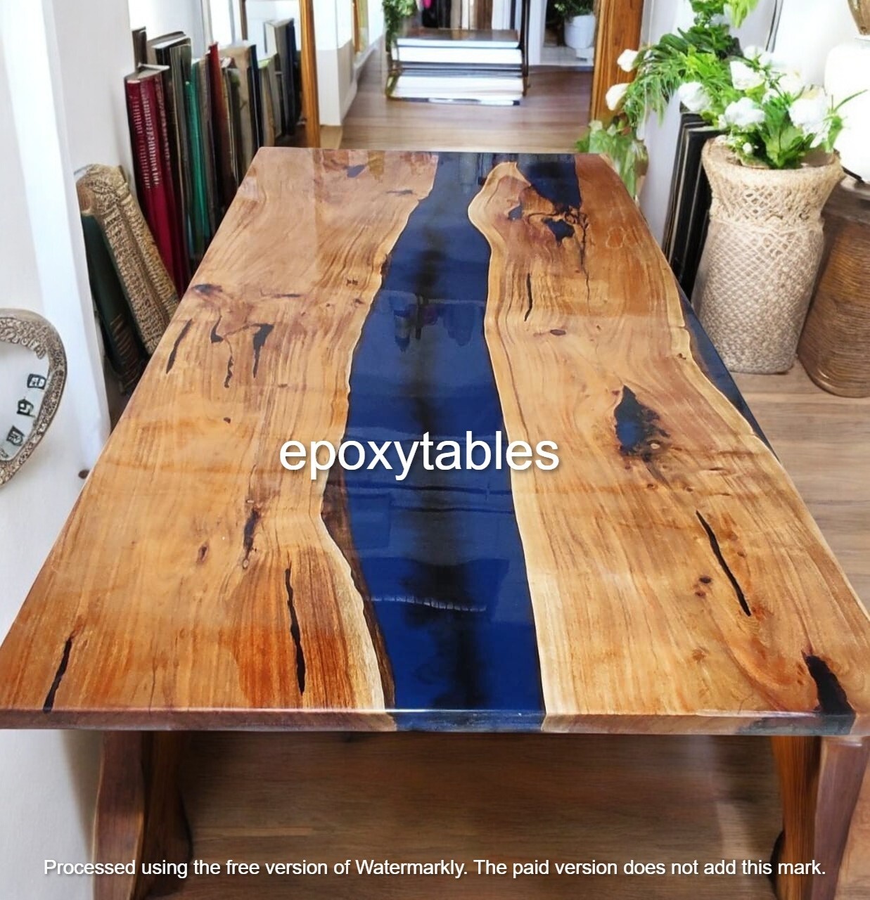 72x36 Blue Epoxy Resin Live Edge Wood Dining Table Custom Hallway Decor