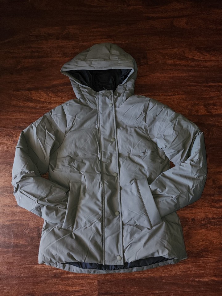 EDDIE BAUER WOMEN'S DOWN PUFFER HOODED JACKET OLIVE GREEN SIZE PXS, IS