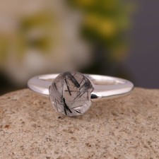 Black Rutile Quartz Statement Ring 925 Sterling Silver Engagement Band Ring