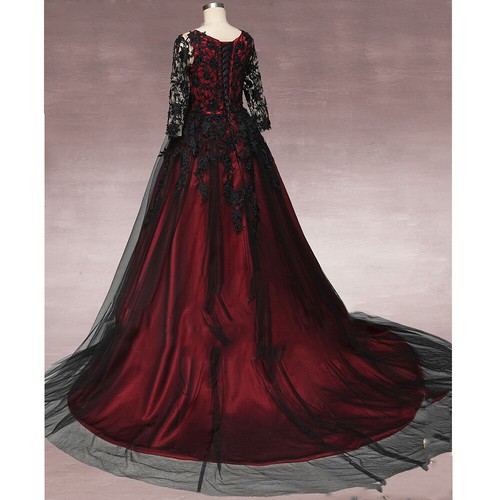 Gothic Long Sleeves Wedding Dresses Red Lining Black Lace Appliques Bridal Dress - 第 3/12 張圖片