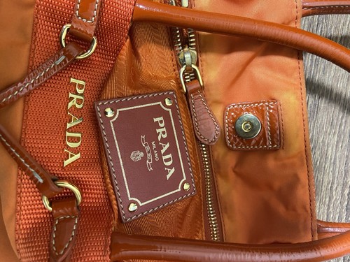 Prada Red Orange Patent Leather Nylon Jacquard Leather Small Hand Tote Bag - Picture 7 of 12