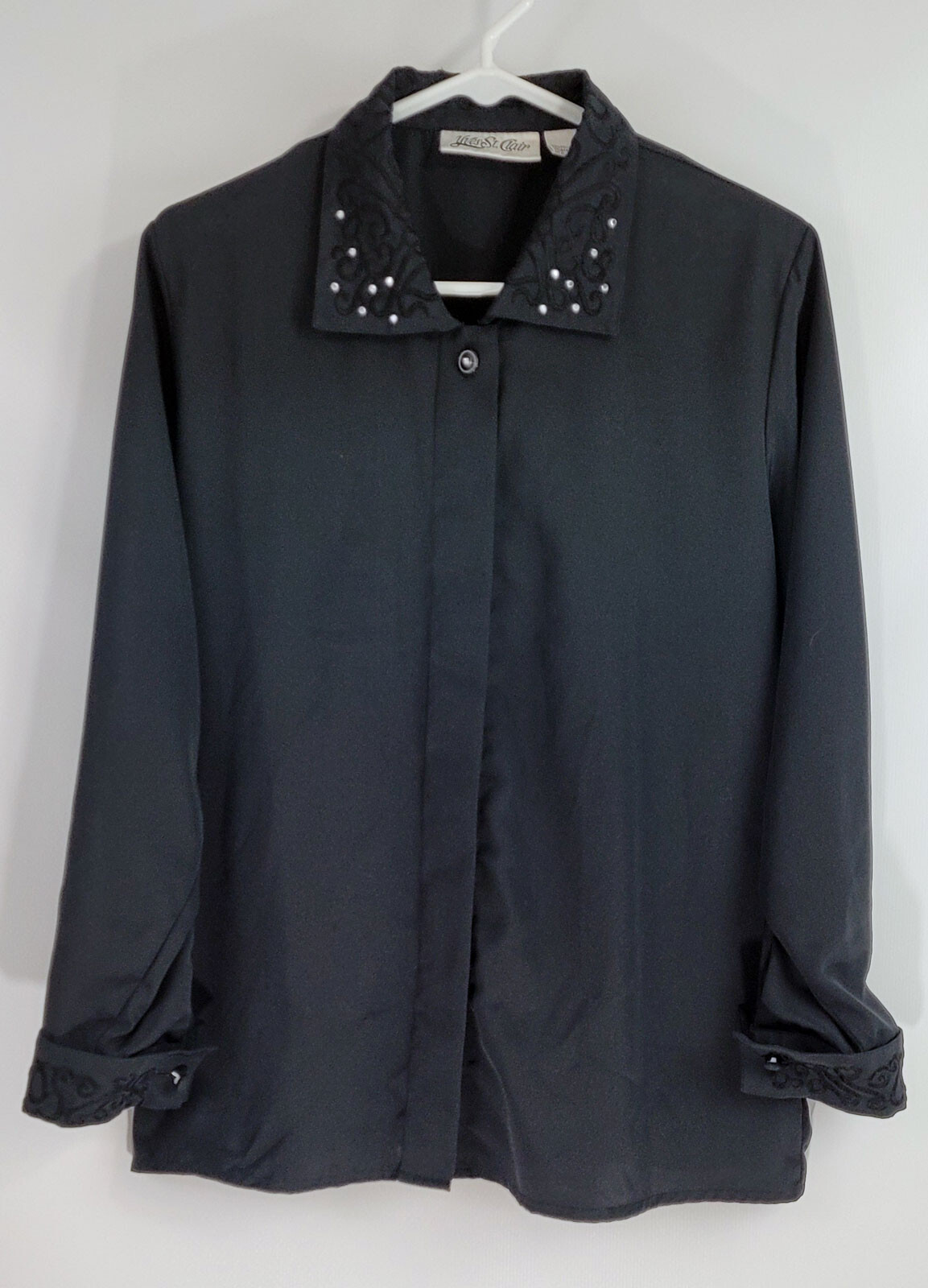 SAINT LAURENT Camicetta vintage Yves St. Clair ricamata colletto strass polsini fantasia nera 12