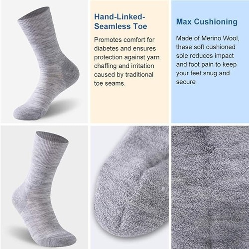 Facool Unisex Merino Wool Diabetic Crew Socks - 3pk White, Blue, Black - Large - Picture 3 of 4