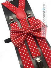 Red w/ White Polka Dot Bow Tie And Suspender Matching Set Tuxedo Wedding Party