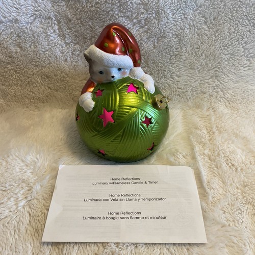 Large Kitty Cat Ceramic Ball Christmas Decoration Lighted Ornament Green Stars - Picture 8 of 14