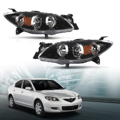 Fit For 04-09 Mazda 3 4-Door Sedan Amber Black Halogen Projector Headlights