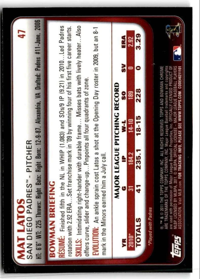 Bowman Chrome Mat Latos San Diego Padres #47 2011 Foto 2 de 2
